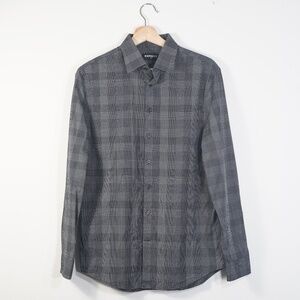 Express Slim Fit Dark Gray Square Pattern Plaid Shirt